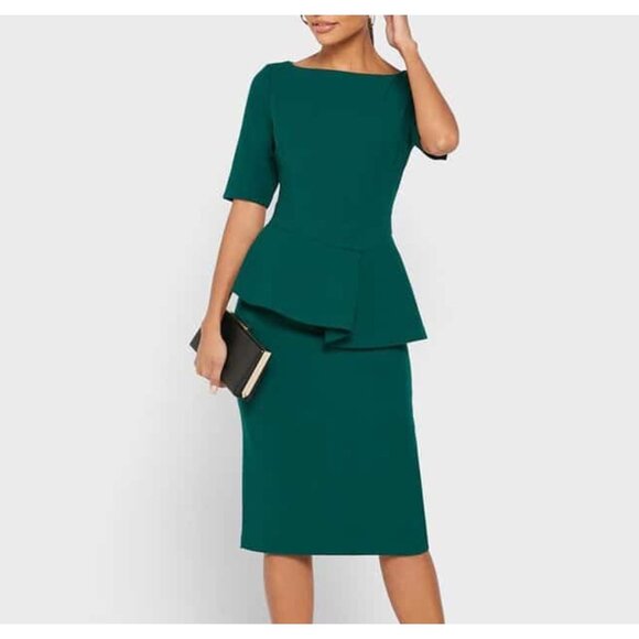 NWT Ted Baker Romolaa Peplum Shift Dress Short Sleeve Dark Green 1 US 4 - Picture 1 of 9